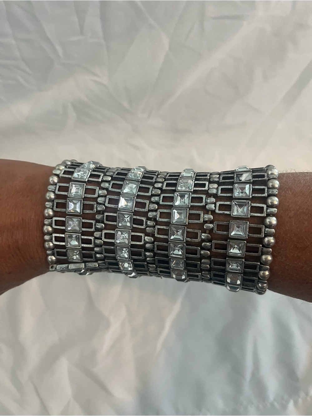 Silver Crystal Stretch Cuff Bracelet - Elegant Women’s Jewelry